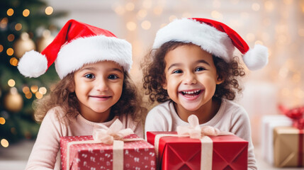 Fototapeta na wymiar Two little sisters with Santa hats sharing presents and joy during Christmas festivities.