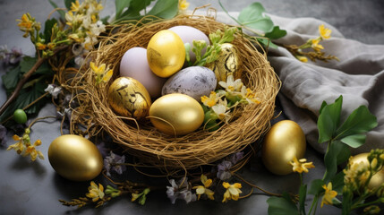 Fototapeta na wymiar Easter composition with gold-painted eggs in a straw nest among fresh spring flowers and foliage on a textured background.