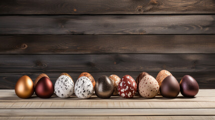 Obraz premium Sophisticated Easter eggs featuring elegant metallic patterns displayed on a chic wooden background, evoking a sense of luxury.