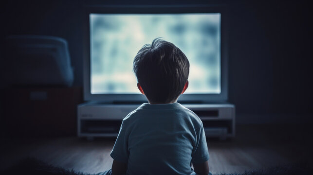 A small child is silhouetted against the bright light of a television screen, deeply engrossed in a program in a darkened room.