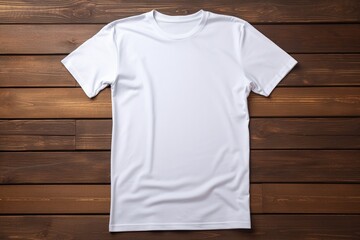 White t-shirt on wooden background, top view. Mockup for design - obrazy, fototapety, plakaty