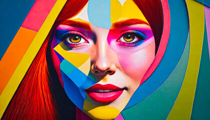 Abstract geometry on woman's face: Psychology of shapes, vibrant visuals, HD details in captivating image.
