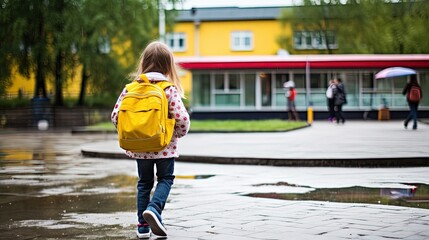 Back view of a little girl with a backpack going to school.