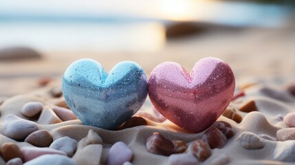 Obraz premium two small pink and blue hearts with sand