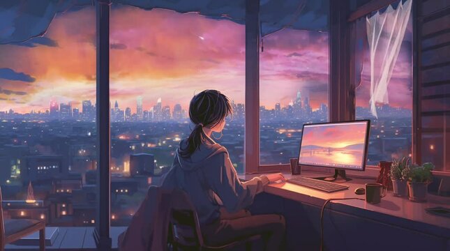 a woman sitting in front of laptop inside her room apartment looking trough windows with sky and cityscape building background anime style loop animation