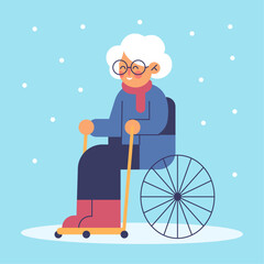 Elderly woman in a wheelchair walks outside in winter. Disabled people engage in winter sports. Flat vector illustration.