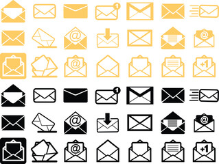 Mails icons Set. Email, post, letter, envelopes isolated on transparent background. Vectors in flat designs, adapted e-mail icons for web, web sites and mobile apps. Open envelope, message pictogram.