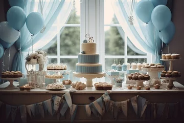 Fotobehang Candy bar with blue and white balloons, sweets and cupcakes. Cake for a boy's birthday. The cake is blue. Generative AI © Sarbinaz Mustafina