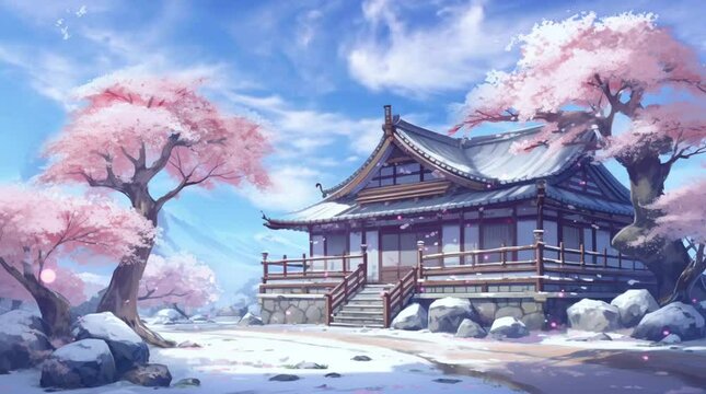 japan traditional house with sakura tree in snowy winter with clear blue sky and mountain background anime style loop animation