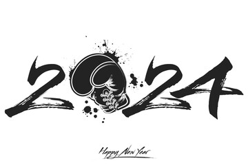 Happy New Year 2024 and boxing glove - obrazy, fototapety, plakaty