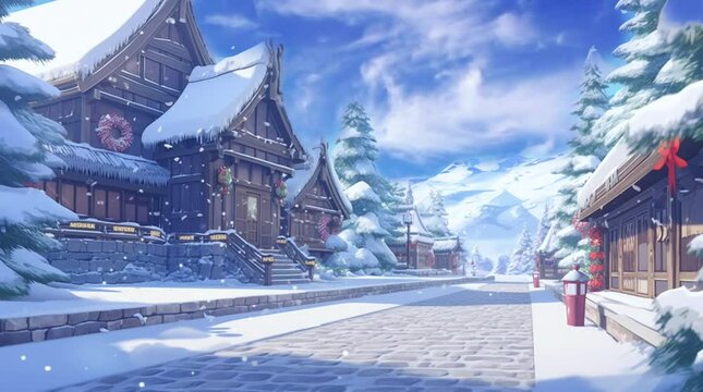small village with pavement road in snowy winter with clear blue sky and mountain background anime style loop animation