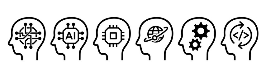 Artificial intelligence outline monochrome icon set. Human heads with computer chip, gears, programming code, etc.