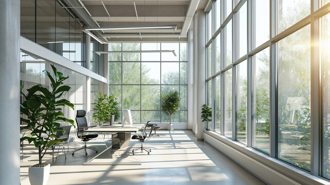 Allure of a modern office area with gorgeous lighting and panoramic windows that create a breathtaking backdrop for a successful and aesthetically attractive work environment. AI Generate