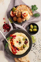 Traditional homemade hummus, falafel and pita.