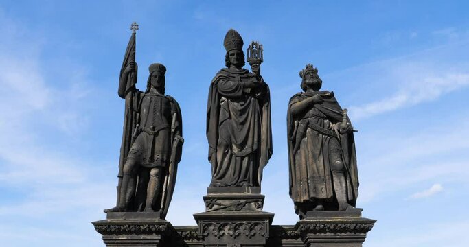 Statues of Saints Norbert, Wenceslaus and Sigismund on Charles Bridge in Prague, Czech Republic
