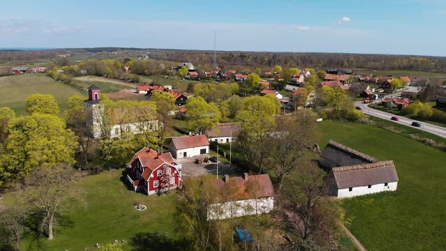Beautiful aerial view of serene countryside in Sweden,establishing shot