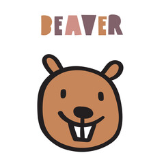 Cute beaver face. Children art. Flat isolated vector illustration on white background.