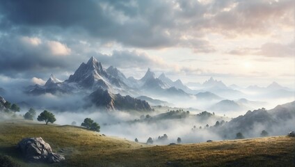 Fototapeta premium Early morning mist over a serene mountain range 