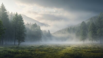 Misty forest landscape with green trees and tranquil atmosphere
