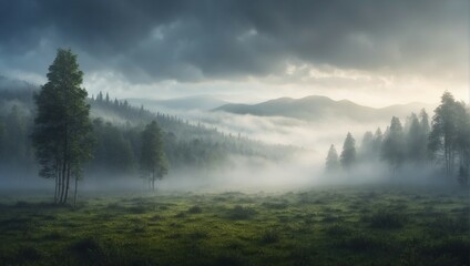Fototapeta premium Misty forest landscape with green trees and tranquil atmosphere 