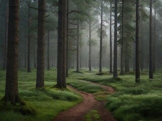 Fototapeta premium Misty forest with green trees and atmospheric haze 