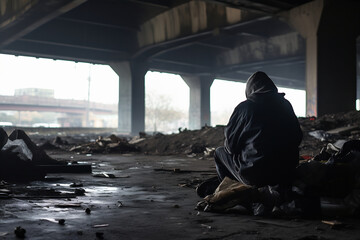 a homeless individual huddled in a makeshift shelter under a bridge - obrazy, fototapety, plakaty