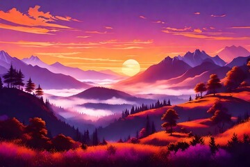 Fototapeta na wymiar Beautiful landscape at sunset in the golden hour, a mountainous terrain with valleys filled with mist, the setting sun painting the sky in vibrant hues of orange and purple