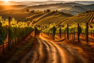 Tuscan road near Siena at sunset, a rustic path through vineyards with grapevines bathed in the golden light, the sun setting behind distant hills