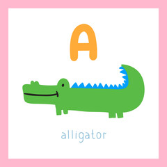 Green alligator. Letter A. English alphabet for children. Educational flat vector illustration.