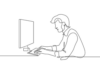 Continuous One Line Drawing of Businessman with Laptop. Man Professional Working One Line Illustration. Business Line Abstract Minimalist Contour Drawing. Vector EPS 10