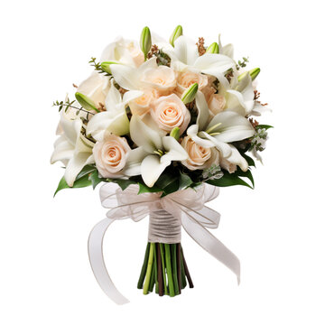 Wedding bouquet of beautiful pink, white, beige flowers and decoration, with isolated white background...