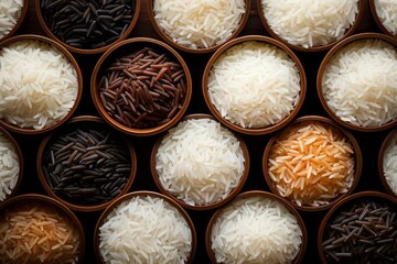 A variety of rice types in wooden bowls, ranging from white and brown rice to black and red...