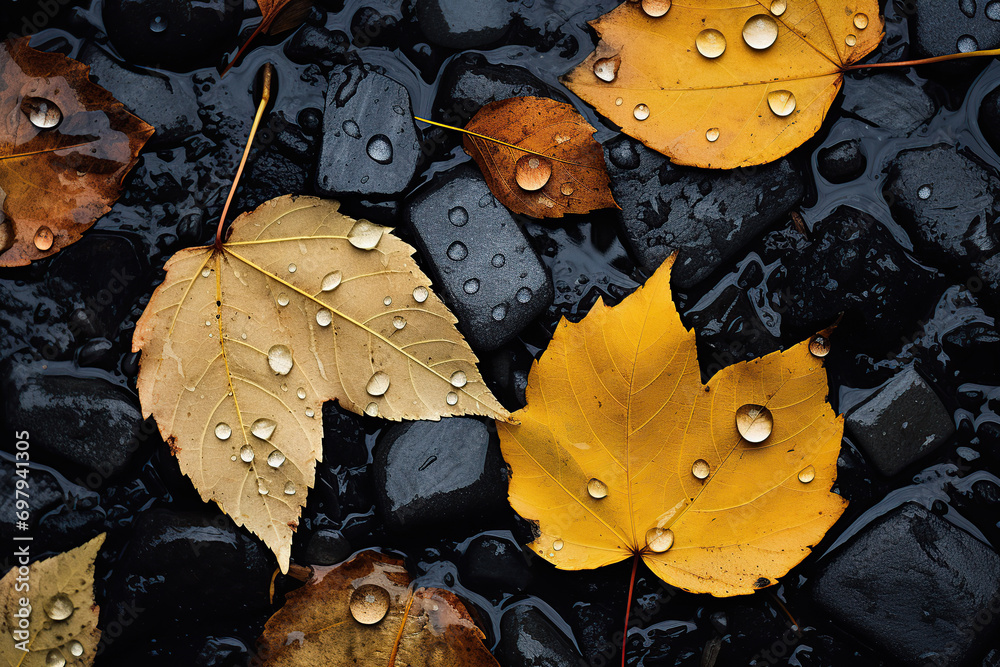 Wall mural autumn leaves with dew