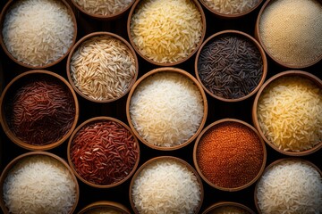 A variety of rice types in wooden bowls, ranging from white and brown rice to black and red varieties, top view.