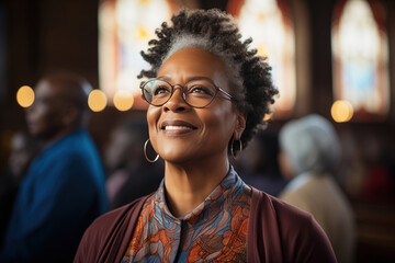 Believing religious African American middle-aged woman in church. Smiling inspired senior woman looking up indoors - obrazy, fototapety, plakaty