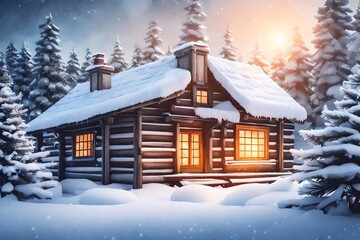 New year and Christmas concept on snowy landscape, a cozy wooden cabin surrounded by snow-covered pine trees, soft glow from windows