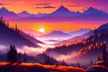 Beautiful landscape at sunset in the golden hour, a mountainous terrain with valleys filled with mist, the setting sun painting the sky in vibrant hues of orange and purple