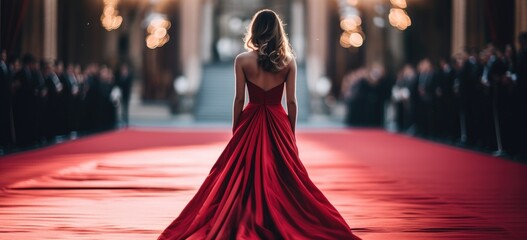 Red carpet glamour, celebrities in elegant attire. Banner.