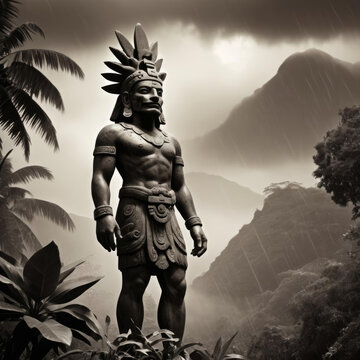 Tlaloc - God Silhouette Merged with Rainstorm and Tropical Foliage in Aged Vintage Sepia-Toned Photo Gen AI