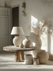 Fototapeta na wymiar Contemporary minimalist room in soft tones. Interior design composition.