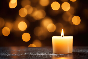 Lighted candles are placed on the table in front of a blurred light spot background