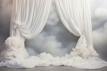 Whispers of Elegance: A White Dreamy Sheer Curtain Backdrop for Maternity and Wedding Bliss in a Luminous Room, purity, elegance, and tranquility, capturing the themes of maternity and wedding photo - obrazy, fototapety, plakaty