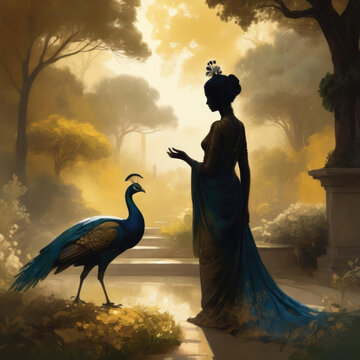 Hera's Divine Presence - Silhouette of a god merged with a natural landscape, surrounded by peacocks in a golden garden, depicted in painterly brushwork with digital impressionism. Gen AI