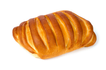 Pie on a white background. Freshly baked goods. Stuffed bun.