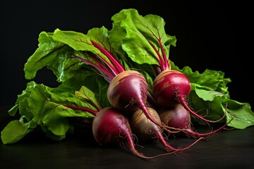 Description of image: red beets with green tops. Generative AI