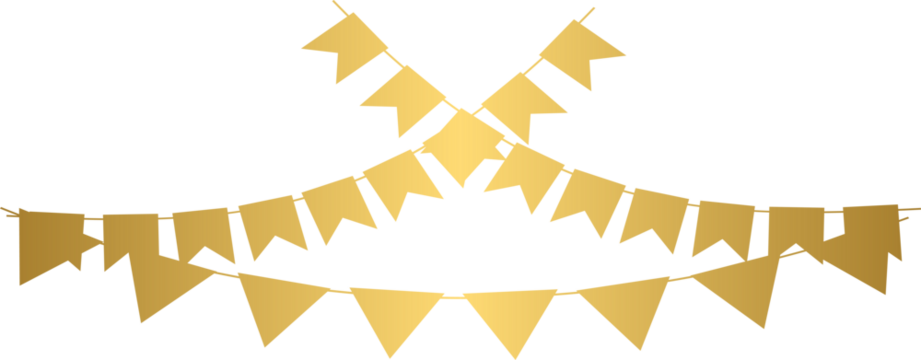 Golden bunting flags, gold garlands, heart shape	
