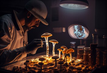 Magic Mushrooms in laboratory. Psilocybin science and research. Person examining fungi. Generative AI - obrazy, fototapety, plakaty