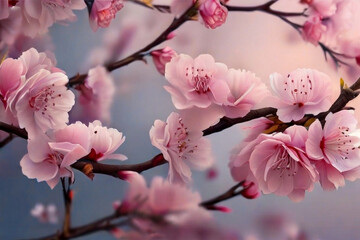 Cherry blossom flower adorn the budding background with free spaces. several stalks cherry flowers branch.