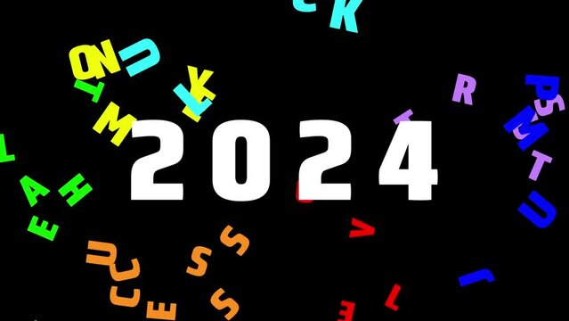A 3s short seamless looping video showing the wishes for the new year of 2024 with scattered and converging letter effects.