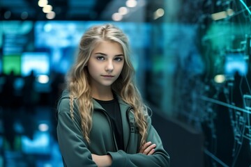 Portrait of a beautiful young woman in front of a wall with hologram